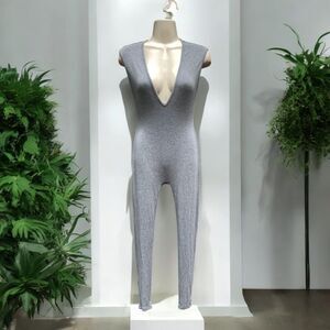 SHEIN SXY Gray Ribbed Knit Plunge Sleeveless Jumpsuit S Stretchy Bodycon Catsuit